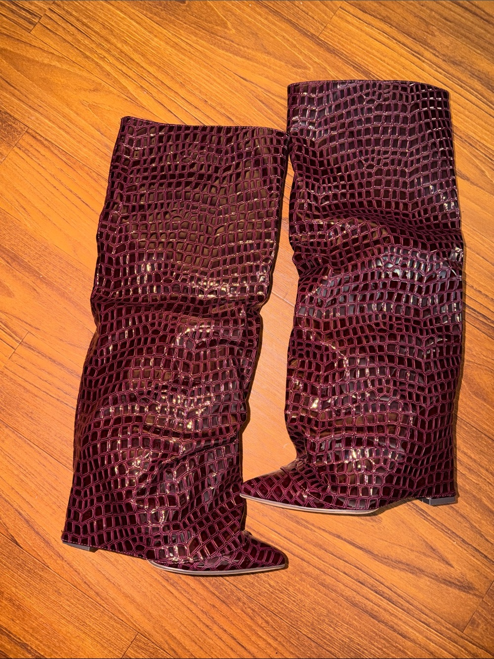 Women's Burgundy Croc-Embossed Knee Boots